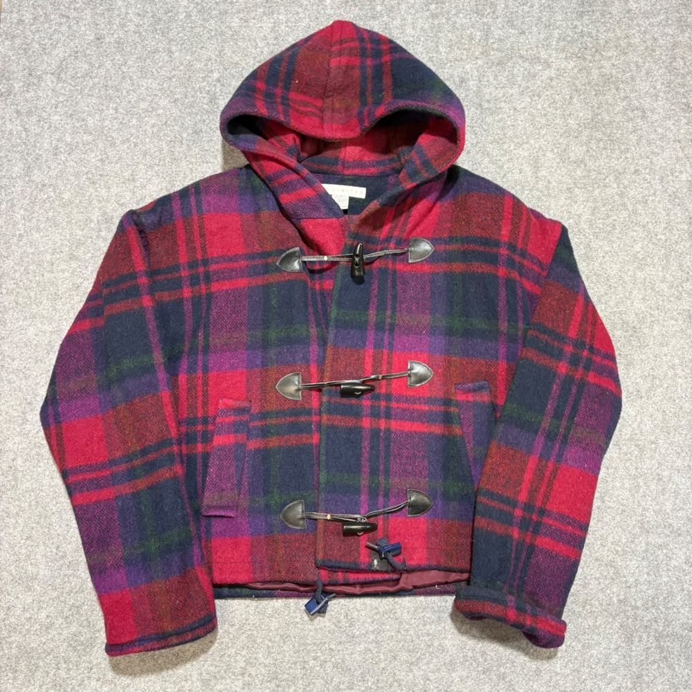 Vintage The Limited Plaid Wool Blend Toggle Coat Hooded Red Purple Green Large